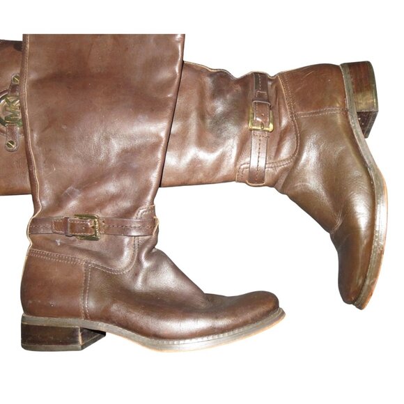 Michael Kors Stockard Mocha Brown Leather Riding Equestrian Boot Gold Medallion - Picture 4 of 7